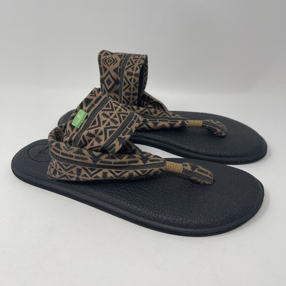 Sanuk Slingback Western Boho Flat Sandals Size 10 Yoga Mat Brown Black Stretch - Picture 1 of 10